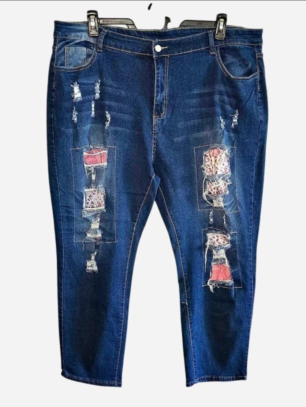 Distressed Patchwork Jeans Women's 5XL Y2K Leopard Print Stretch Dark Wash Denim